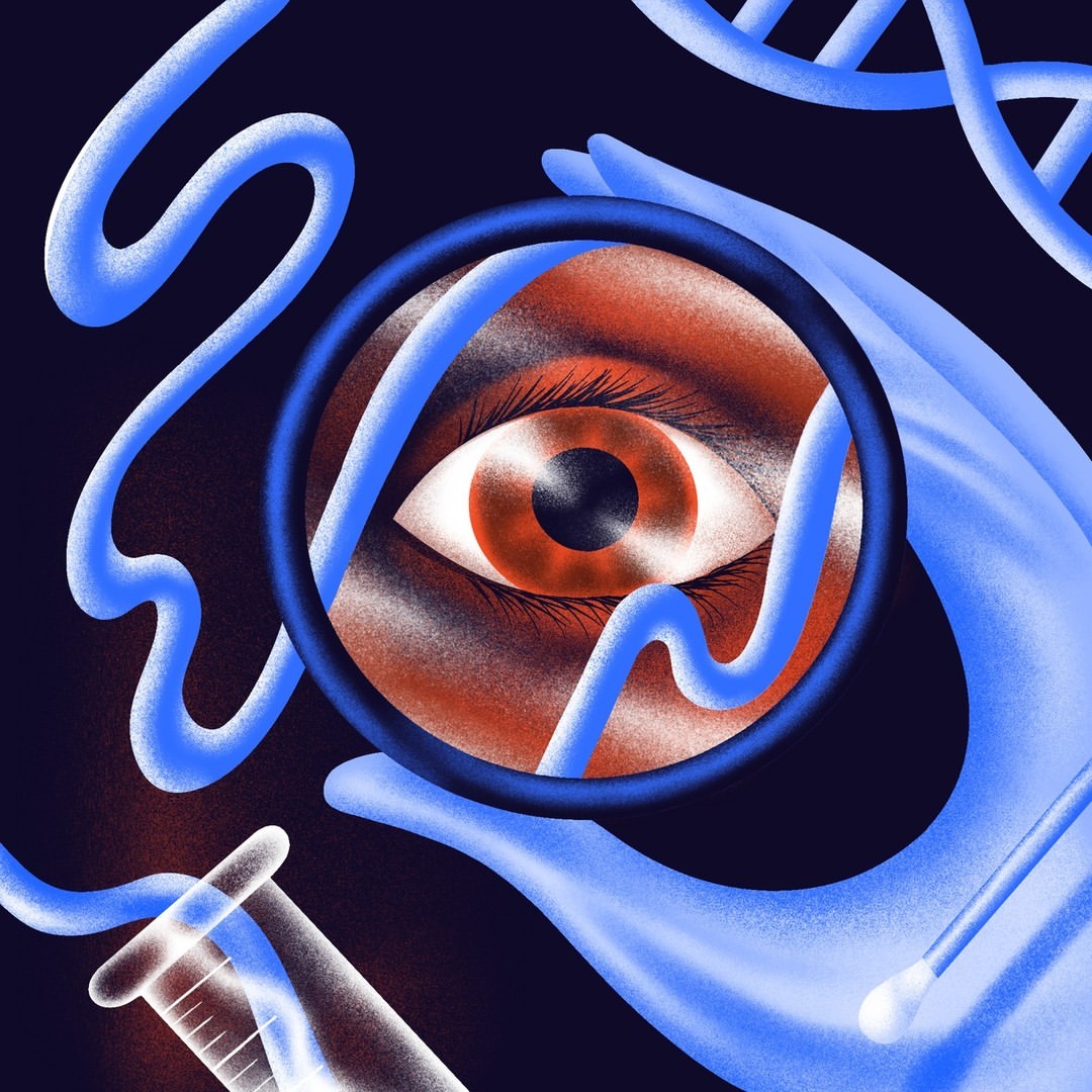 ID: An illustration of a hand holding a round container. Reflected in the container is an eye. In the bottom left corner a thick blue line flows from the top of a test tube, and swoops across the image. In the upper right corner is a strand of DNA.