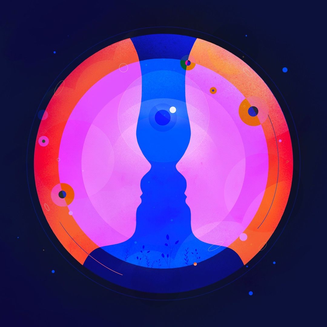 Description de l’image: Deux visages roses, de profil, symétriques et se faisant face. Des bulles ressemblant à des cellules (ou des yeux) flottent autour de ces visages, en bleu et orange.