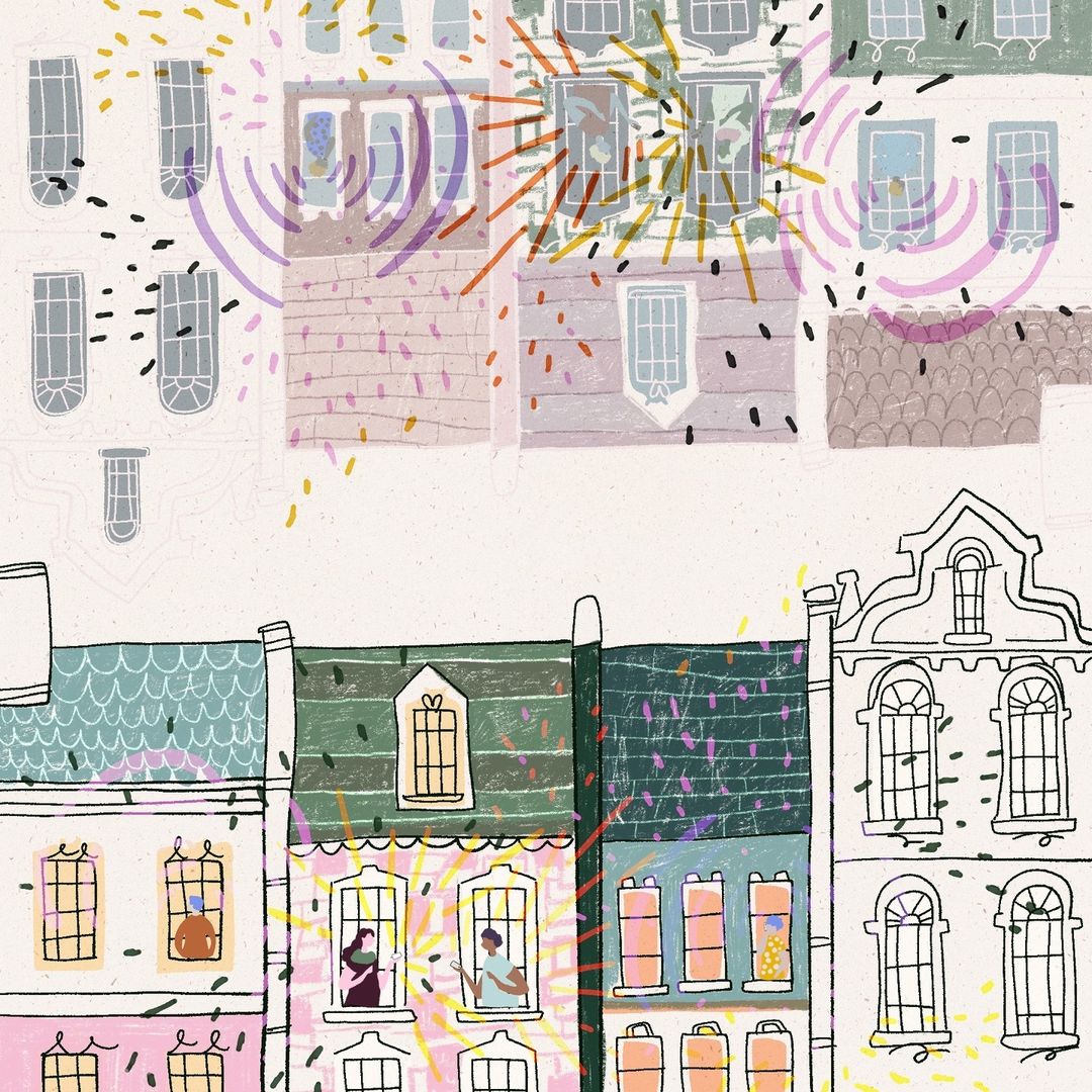 ID: At the bottom there are four houses with people at some of the windows. Some of the people are holding cell phones and talking to one another. Colourful lines and dots connect the people and houses. Above, the same houses are upside down with inverted colours.