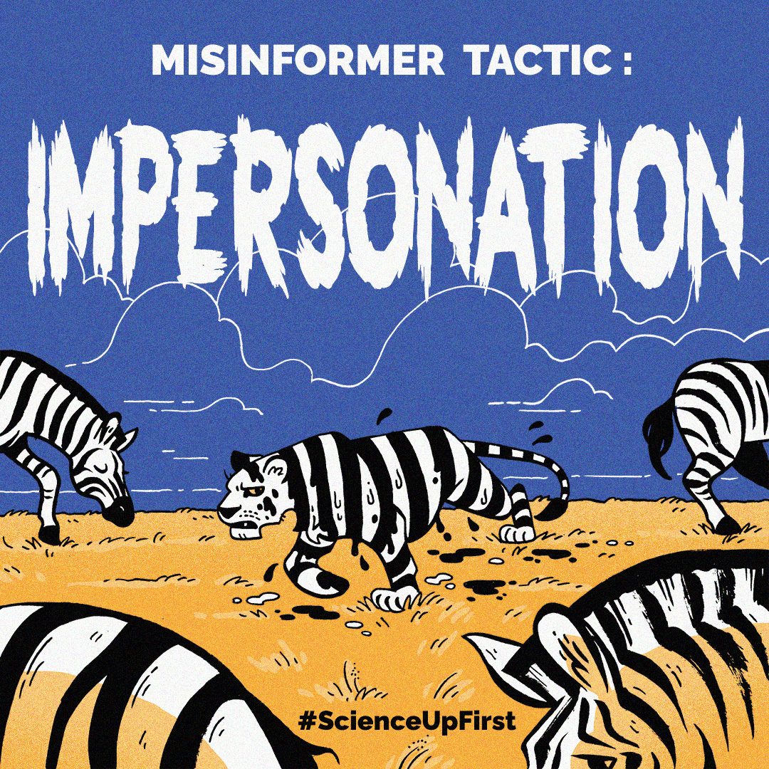 ID: A tiger with dripping black and white stripes painted onto its body stalks among a group of grazing zebras. Text at the top: Misinformer Tactic: Impersonation
